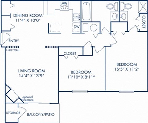 Floor plan for 2 beds, 2 baths, 944 sqft